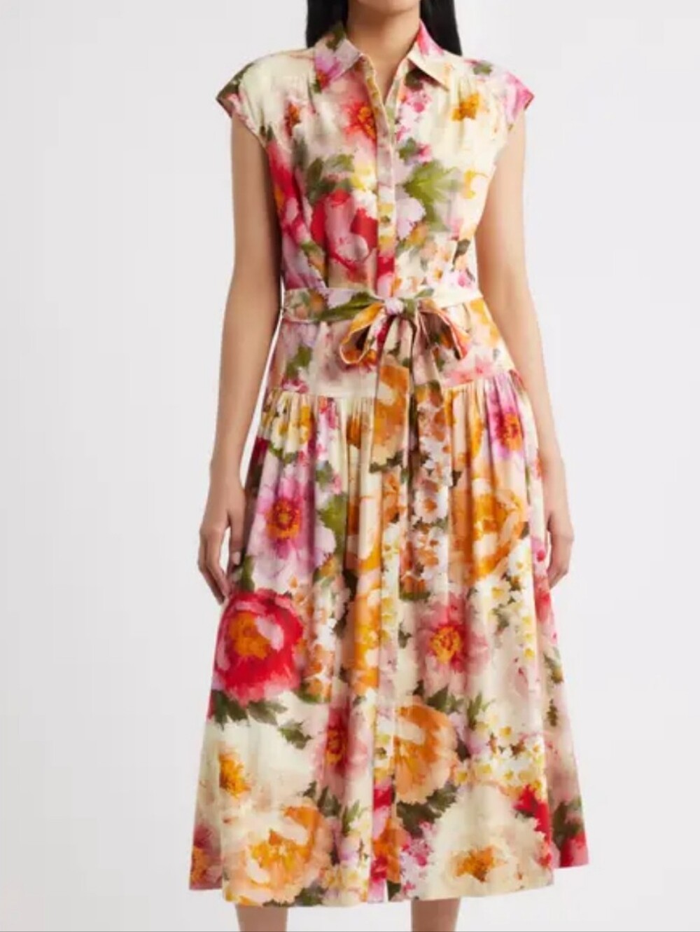 Julia jordan Tie Waist Cream Midi Dress with Pink Floral Print Size XL Nwt.